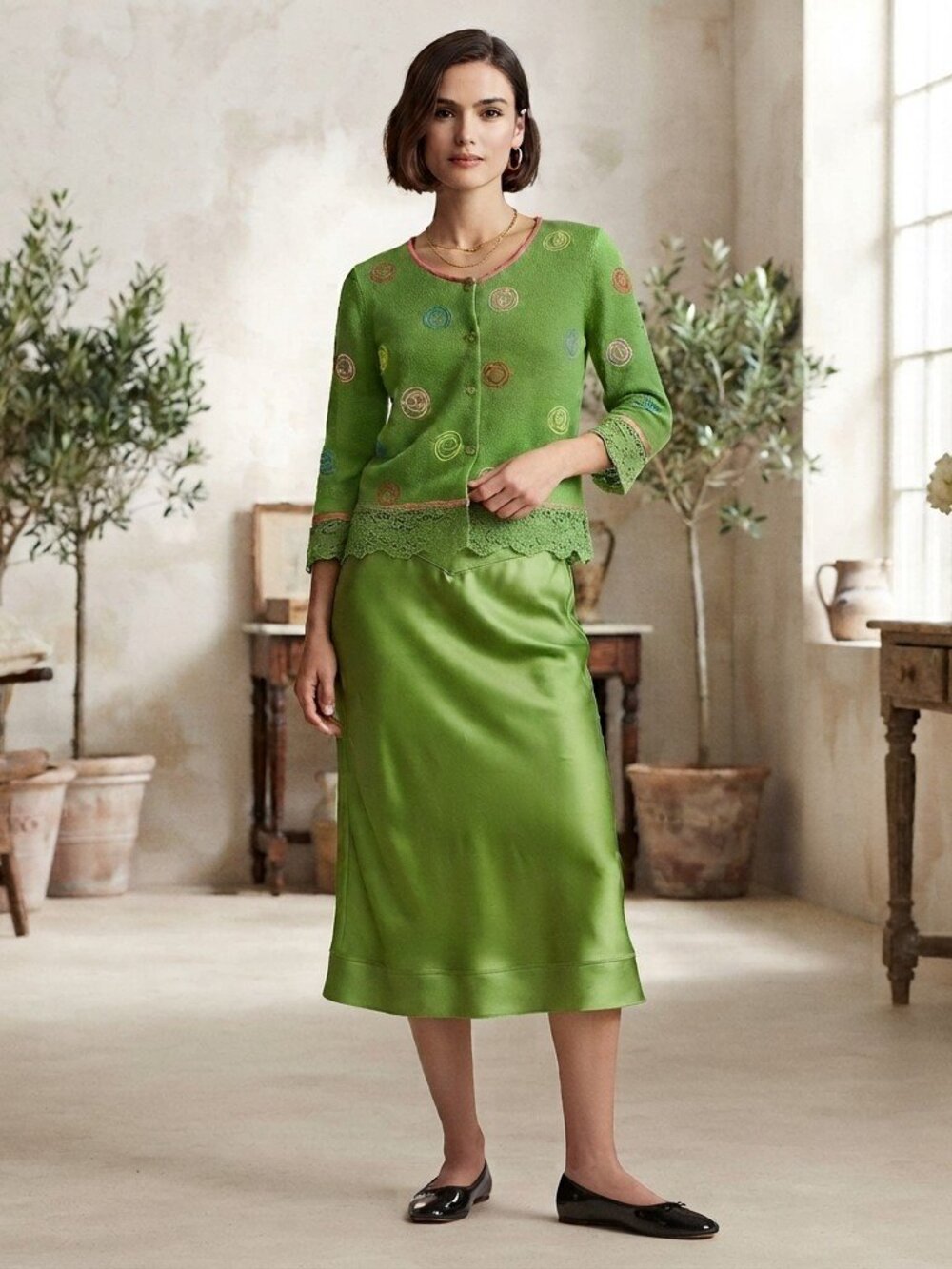 Garnet Hill Lime Green Embroidered Crochet-Hem Cardigan Spring garden girl